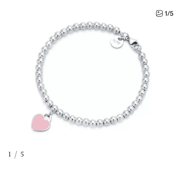 Tiffany & Co. RTT Sterling Bead Bracelet with  Pink Heart Charm - Picture 3 of 5